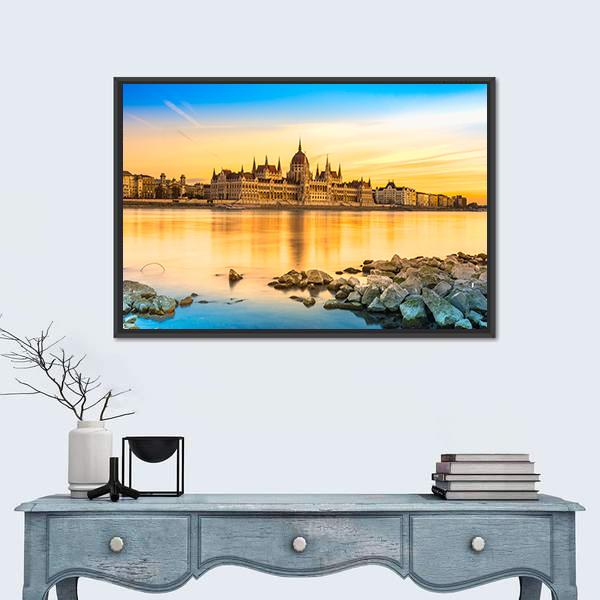 View Of Budapest Parliament At Sunset Canvas Wall Art-1 Piece-Floating Frame-36" x 24"-Tiaracle