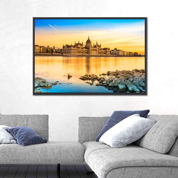 View Of Budapest Parliament At Sunset Canvas Wall Art-5 Horizontal-Gallery Wrap-22" x 12"-Tiaracle