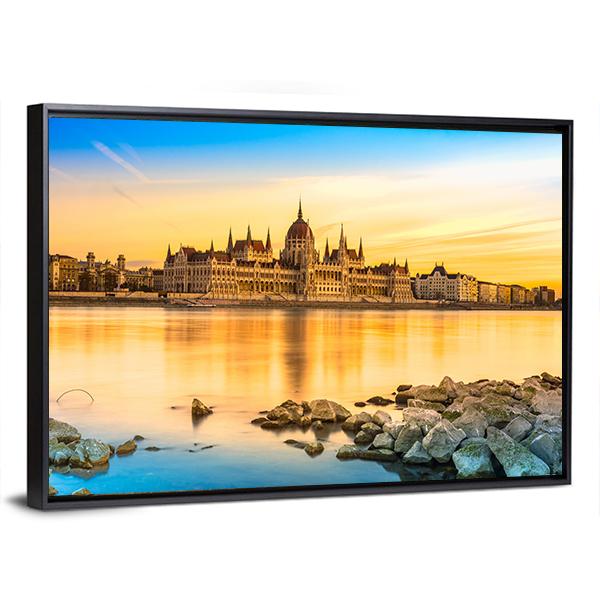 View Of Budapest Parliament At Sunset Canvas Wall Art-5 Horizontal-Gallery Wrap-22" x 12"-Tiaracle