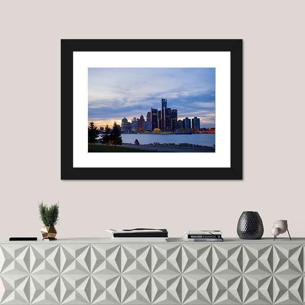 View Of Detroit Skyline In Ontario Canvas Wall Art-1 Piece-Framed Print-30" x 20"-Tiaracle