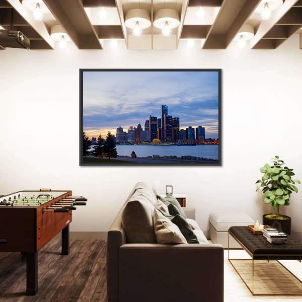 View Of Detroit Skyline In Ontario Canvas Wall Art-5 Horizontal-Gallery Wrap-22" x 12"-Tiaracle