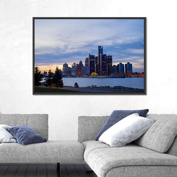 View Of Detroit Skyline In Ontario Canvas Wall Art-5 Horizontal-Gallery Wrap-22" x 12"-Tiaracle