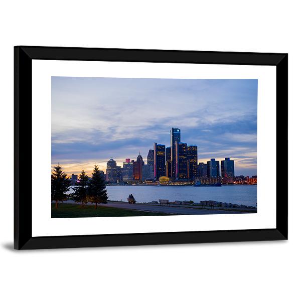 View Of Detroit Skyline In Ontario Canvas Wall Art-5 Horizontal-Gallery Wrap-22" x 12"-Tiaracle