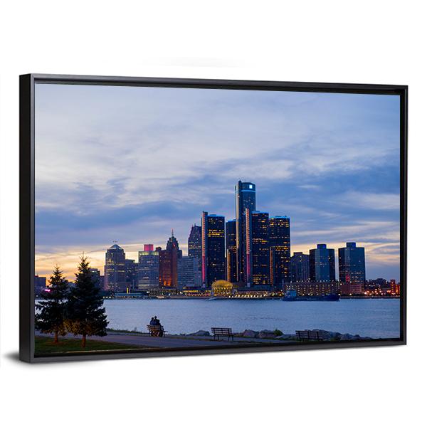 View Of Detroit Skyline In Ontario Canvas Wall Art-5 Horizontal-Gallery Wrap-22" x 12"-Tiaracle