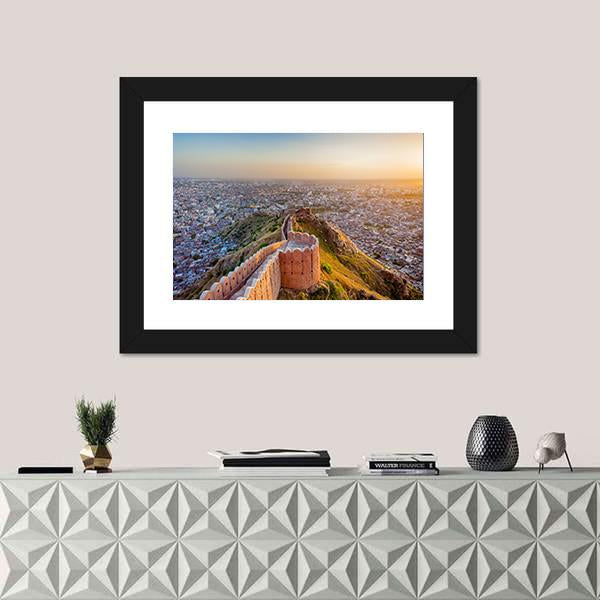 View Of Jaipur From Nahargarh Fort At Sunset Canvas Wall Art-1 Piece-Framed Print-42" x 14"-Tiaracle
