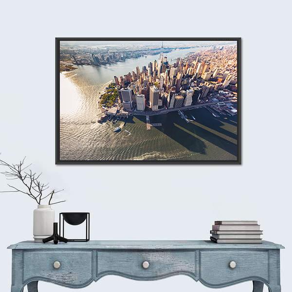 View Of Lower Manhattan With Hudson River Canvas Wall Art-1 Piece-Floating Frame-36" x 24"-Tiaracle
