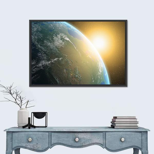 View of Sunrise Over North America Canvas Wall Art in black, yellow and blue, framed canvas, product view on a white background