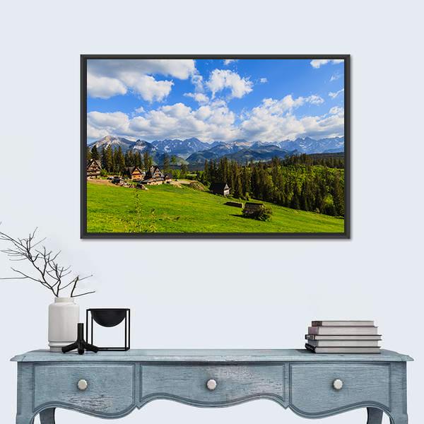 Tatra Mountains in Spring Canvas Wall Art in white, green and blue, framed canvas, product view on a white background