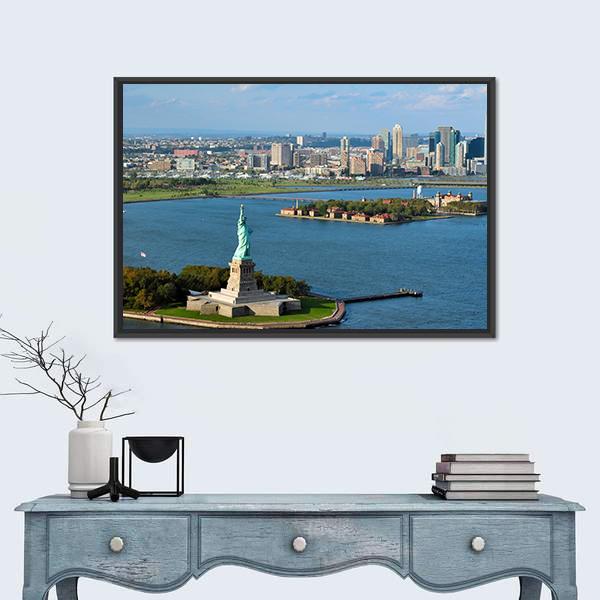 View Of The Statue Of Liberty And Manhattan Canvas Wall Art-1 Piece-Floating Frame-36" x 24"-Tiaracle