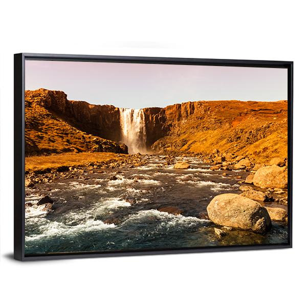 View To The Waterfall In Iceland Canvas Wall Art-5 Horizontal-Gallery Wrap-22" x 12"-Tiaracle