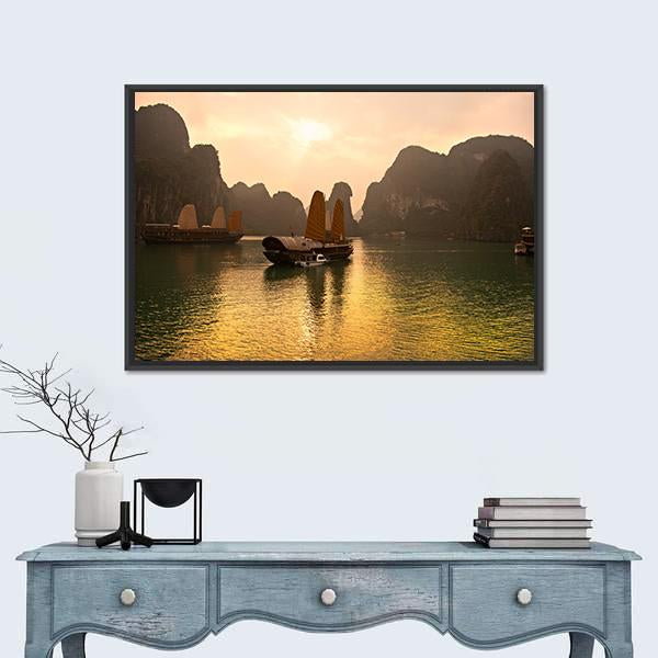 Ha Long Bay Sunset View Canvas Wall Art in brown, orange and yellow, framed canvas, product view on a white background