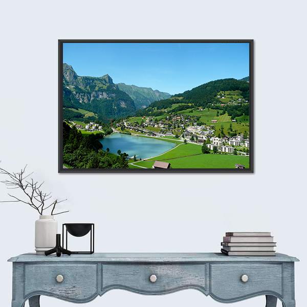 View over Engelberg Switzerland Canvas Wall Art-1 Piece-Floating Frame-36" x 24"-Tiaracle