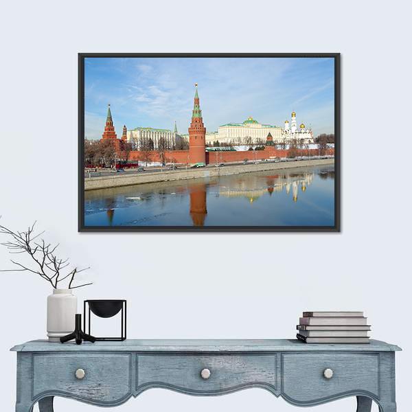 Views Of Moscow Kremlin And Kremlevskaya Embankment Canvas Wall Art-1 Piece-Floating Frame-36" x 24"-Tiaracle