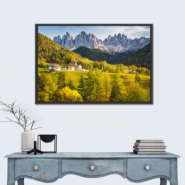 Village In Dolomites Canvas Wall Art-1 Piece-Floating Frame-24" x 16"-Tiaracle