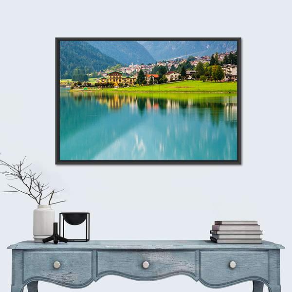 Village With Lake Auronzo Canvas Wall Art-1 Piece-Floating Frame-24" x 16"-Tiaracle