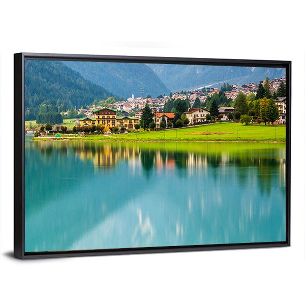 Village With Lake Auronzo Canvas Wall Art-3 Horizontal-Gallery Wrap-25" x 16"-Tiaracle