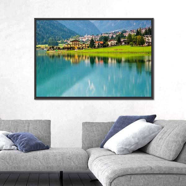 Village With Lake Auronzo Canvas Wall Art-3 Horizontal-Gallery Wrap-25" x 16"-Tiaracle