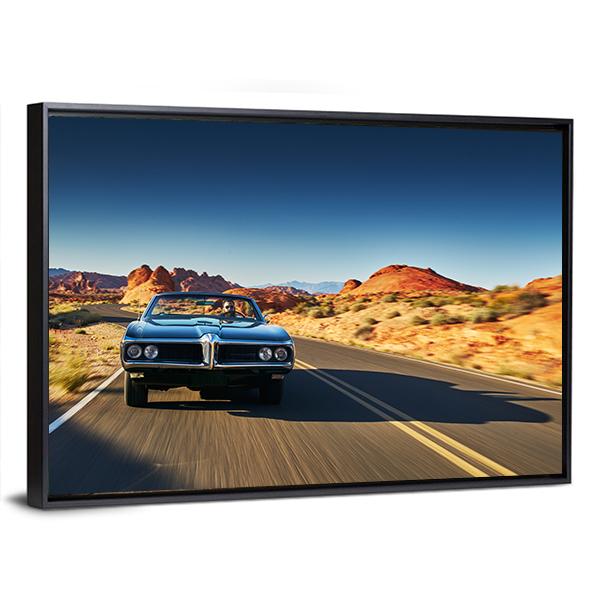 Vintage Car Through Desert Canvas Wall Art-1 Piece-Floating Frame-36" x 24"-Tiaracle