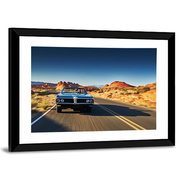 Vintage Car Through Desert Canvas Wall Art-1 Piece-Framed Print-42" x 14"-Tiaracle
