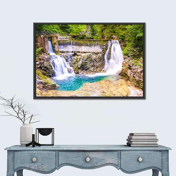 Vintgar Gorge Waterfall Slovenia Canvas Wall Art-1 Piece-Floating Frame-36" x 24"-Tiaracle