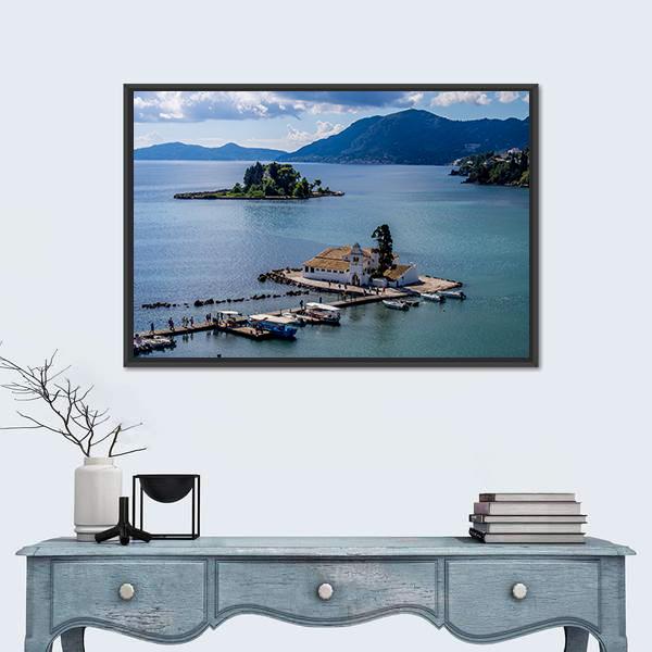 Vlacherna Monastery Greece Canvas Wall Art-1 Piece-Floating Frame-36" x 24"-Tiaracle