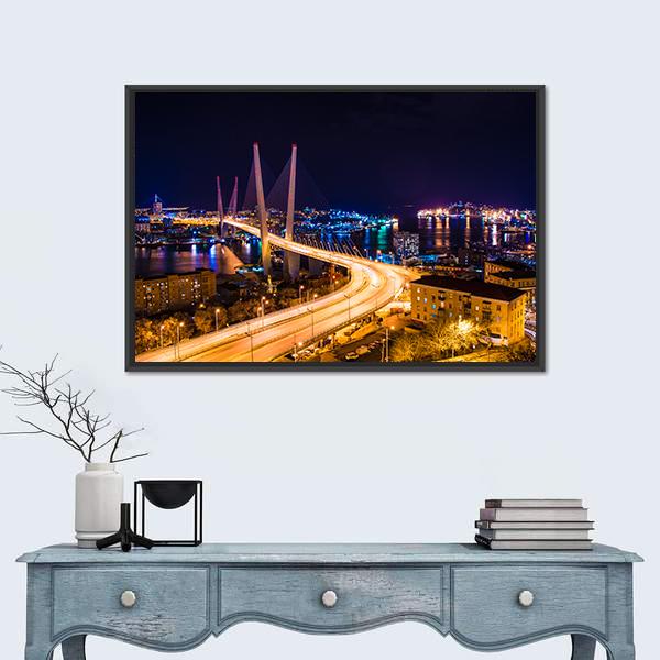 Vladivostok Hali Bridge At Night Canvas Wall Art-1 Piece-Floating Frame-36" x 24"-Tiaracle