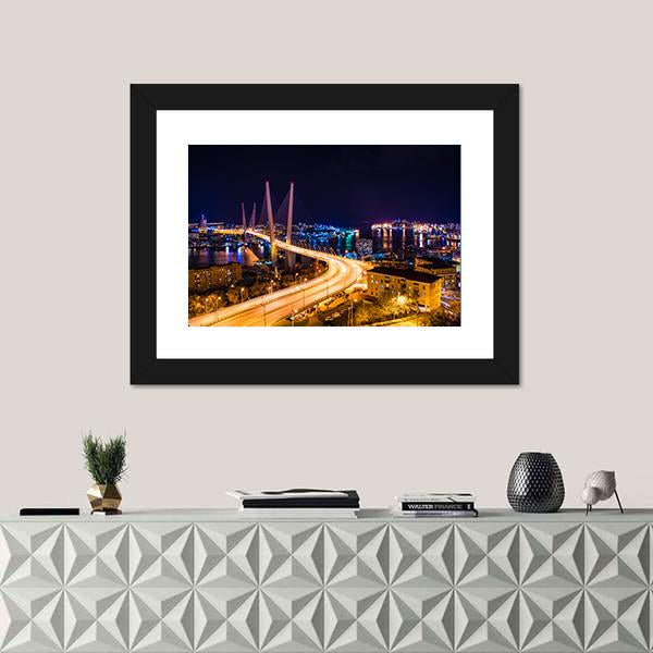 Vladivostok Hali Bridge At Night Canvas Wall Art-1 Piece-Framed Print-42" x 14"-Tiaracle