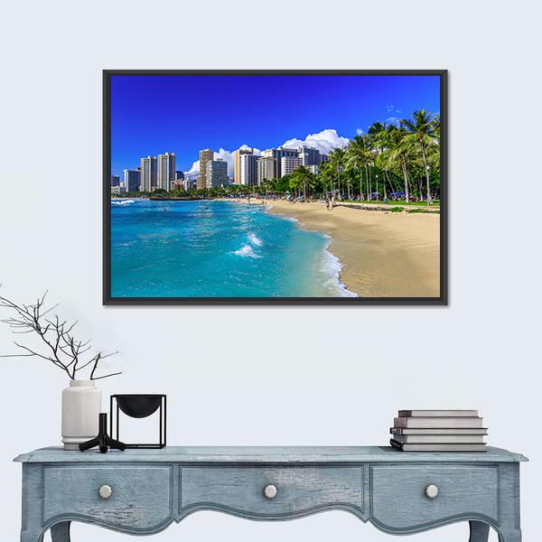 Waikiki Beach And Honolulu's Skyline Canvas Wall Art-1 Piece-Floating Frame-36" x 24"-Tiaracle
