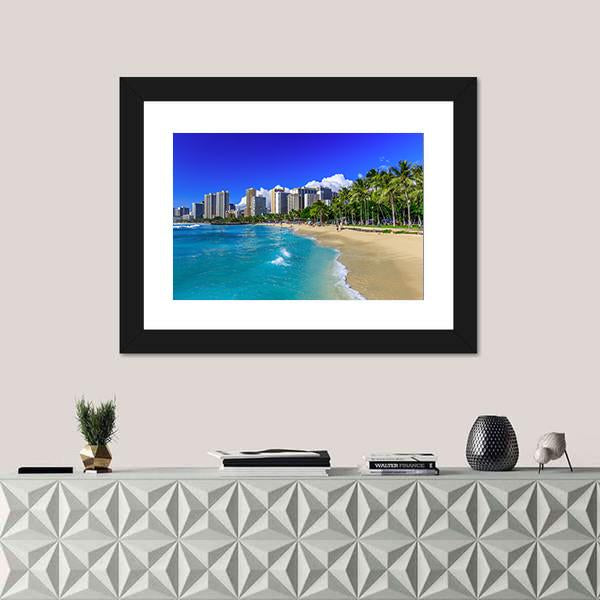 Waikiki Beach And Honolulu's Skyline Canvas Wall Art-1 Piece-Framed Print-30" x 20"-Tiaracle