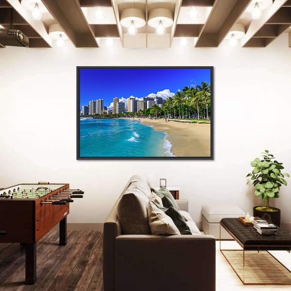 Waikiki Beach And Honolulu's Skyline Canvas Wall Art-5 Horizontal-Gallery Wrap-22" x 12"-Tiaracle