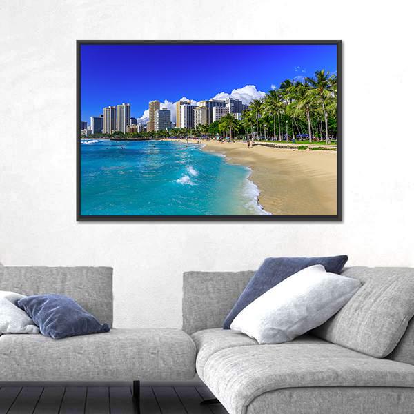 Waikiki Beach And Honolulu's Skyline Canvas Wall Art-5 Horizontal-Gallery Wrap-22" x 12"-Tiaracle