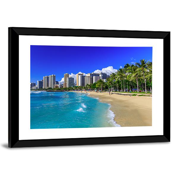Waikiki Beach And Honolulu's Skyline Canvas Wall Art-5 Horizontal-Gallery Wrap-22" x 12"-Tiaracle