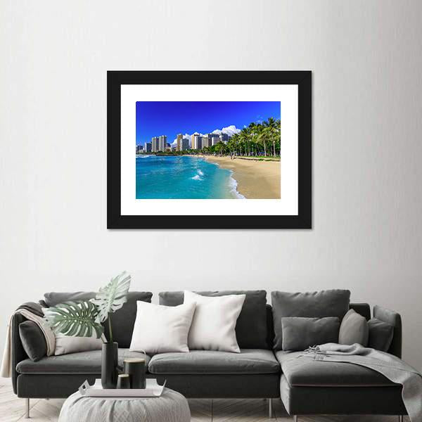 Waikiki Beach And Honolulu's Skyline Canvas Wall Art-5 Horizontal-Gallery Wrap-22" x 12"-Tiaracle