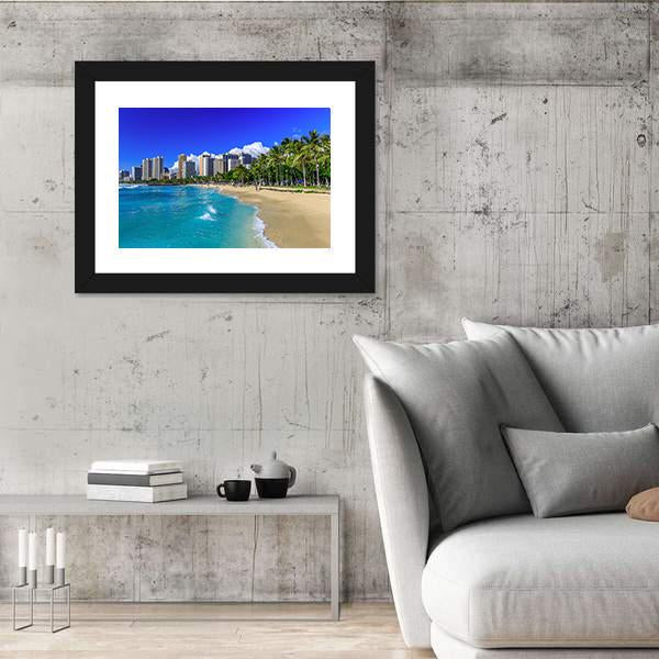 Waikiki Beach And Honolulu's Skyline Canvas Wall Art-5 Horizontal-Gallery Wrap-22" x 12"-Tiaracle