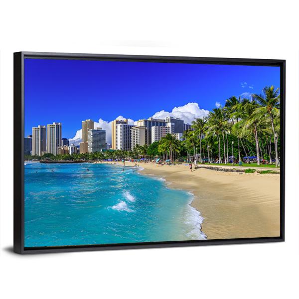 Waikiki Beach And Honolulu's Skyline Canvas Wall Art-5 Horizontal-Gallery Wrap-22" x 12"-Tiaracle