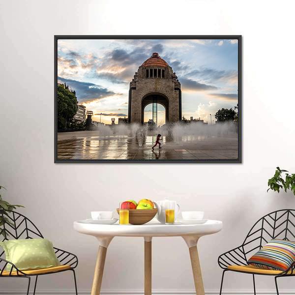 Water Fountain In Front Of Monument To The Mexican Revolution Canvas Wall Art-1 Piece-Floating Frame-36" x 24"-Tiaracle