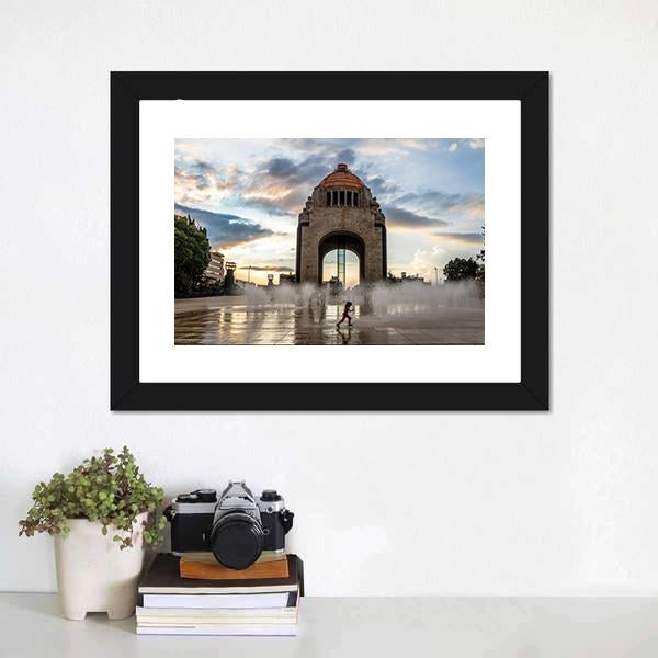 Water Fountain In Front Of Monument To The Mexican Revolution Canvas Wall Art-1 Piece-Framed Print-42" x 14"-Tiaracle