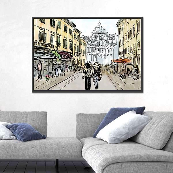 Watercolor Sketch Of Street In Pisa Canvas Wall Art-5 Horizontal-Gallery Wrap-22" x 12"-Tiaracle