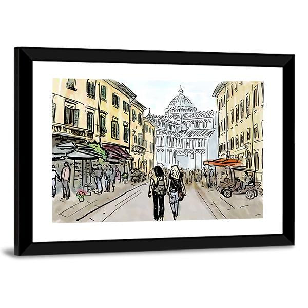 Watercolor Sketch Of Street In Pisa Canvas Wall Art-5 Horizontal-Gallery Wrap-22" x 12"-Tiaracle