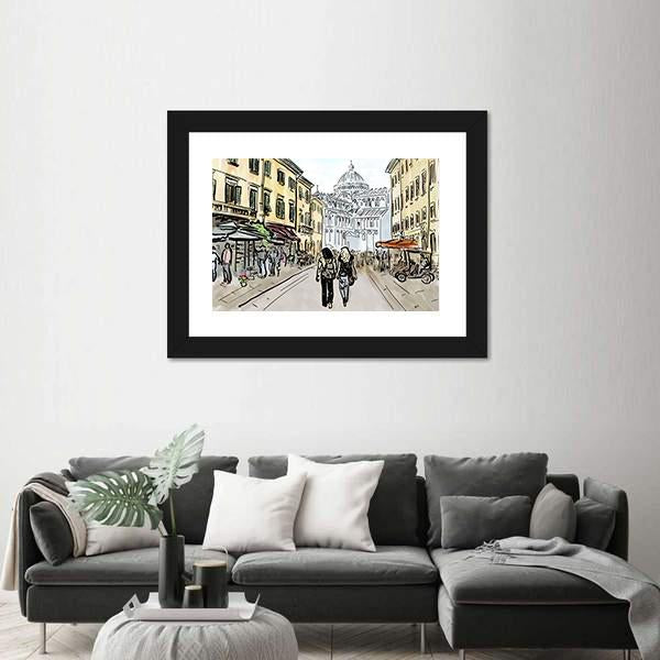 Watercolor Sketch Of Street In Pisa Canvas Wall Art-5 Horizontal-Gallery Wrap-22" x 12"-Tiaracle
