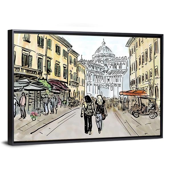 Watercolor Sketch Of Street In Pisa Canvas Wall Art-5 Horizontal-Gallery Wrap-22" x 12"-Tiaracle