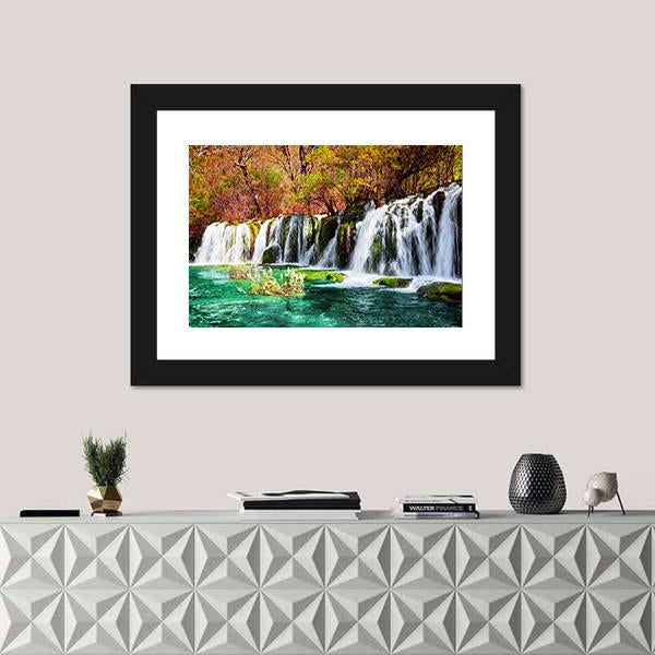 Waterfall And Azure Lake In China Canvas Wall Art-1 Piece-Framed Print-30" x 20"-Tiaracle