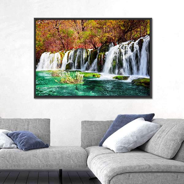 Waterfall And Azure Lake In China Canvas Wall Art-5 Horizontal-Gallery Wrap-22" x 12"-Tiaracle
