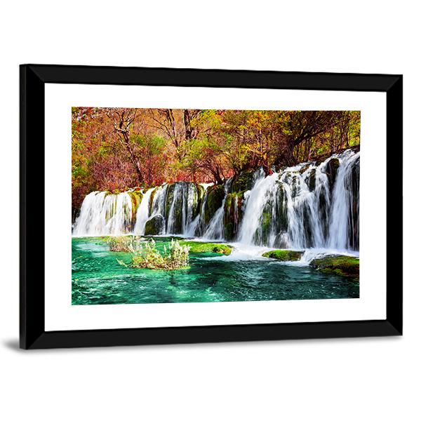 Waterfall And Azure Lake In China Canvas Wall Art-5 Horizontal-Gallery Wrap-22" x 12"-Tiaracle