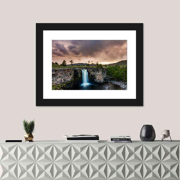 Waterfall And Beautiful Sky In Mongolia Canvas Wall Art-1 Piece-Framed Print-30" x 20"-Tiaracle