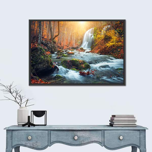 Waterfall At Mountain River In Colorful Autumn Forest Canvas Wall Art-1 Piece-Floating Frame-36" x 24"-Tiaracle