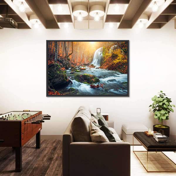 Waterfall At Mountain River In Colorful Autumn Forest Canvas Wall Art-5 Horizontal-Gallery Wrap-22" x 12"-Tiaracle