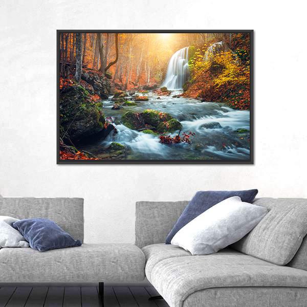 Waterfall At Mountain River In Colorful Autumn Forest Canvas Wall Art-5 Horizontal-Gallery Wrap-22" x 12"-Tiaracle