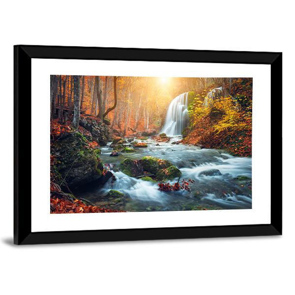 Waterfall At Mountain River In Colorful Autumn Forest Canvas Wall Art-5 Horizontal-Gallery Wrap-22" x 12"-Tiaracle