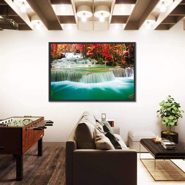 Waterfall In Autumn Tree Forest Canvas Wall Art-5 Horizontal-Gallery Wrap-22" x 12"-Tiaracle